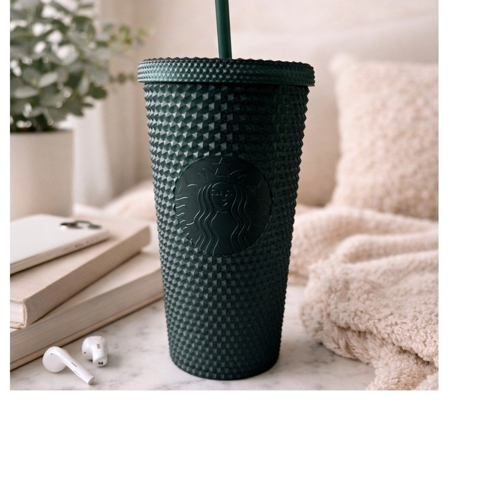Starbucks "Studded" Tumbler Dark Green‎ 16 oz Reusable Cold Drink Cup With Straw